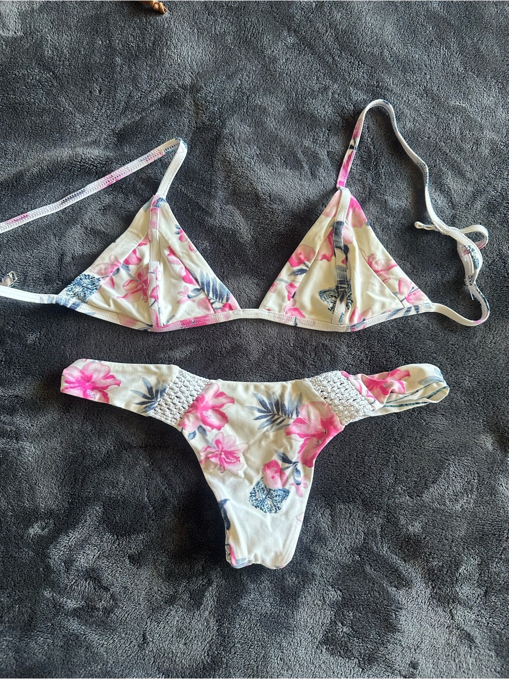 Frankie's Bikinis White Floral Pink & Blue Triangle Bikini Set